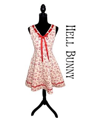 Hell Bunny Alizea Rockabilly sz XL Mini Dress Red Khaki A Line Nautical GUC!